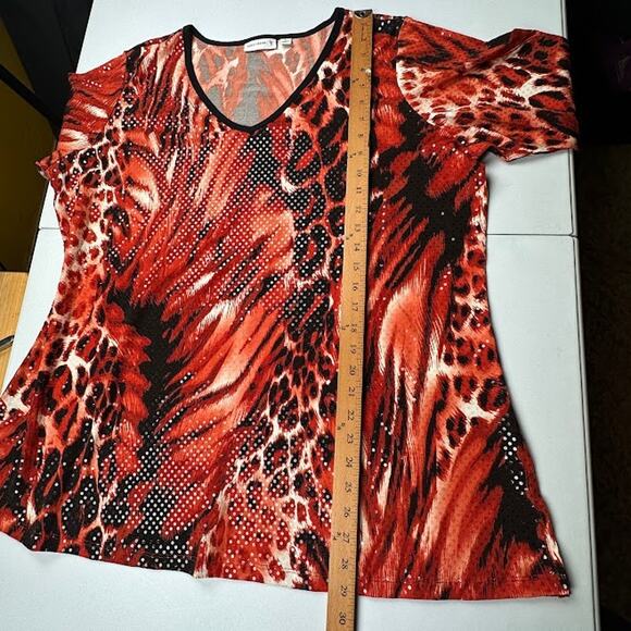 Susan Graver Top Womens 1X Red Animal Print Sequin Party Holiday Tunic Stretch - Picture 9 of 11